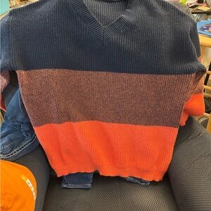 SHEIN Color-Block V-Neck Sweater in Blue and Orange